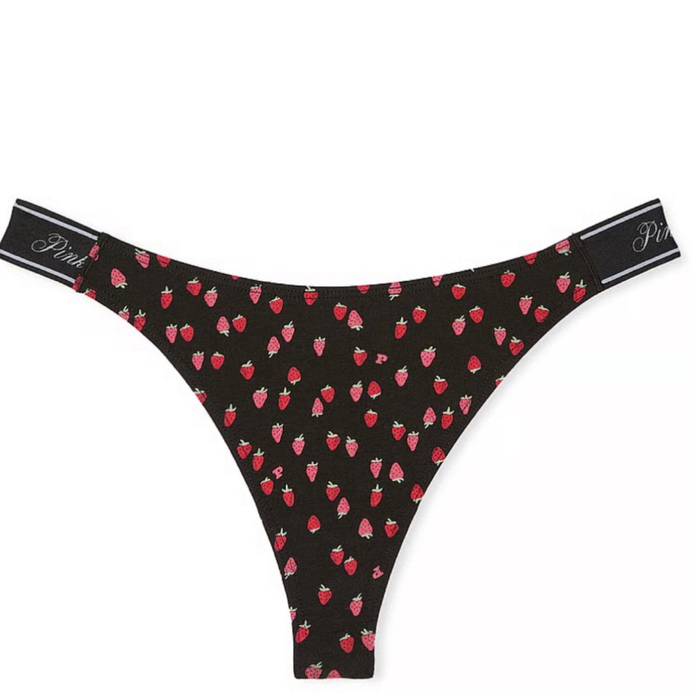 🍓PINK Victoria's Secret Black and Pink Strawberry Thong